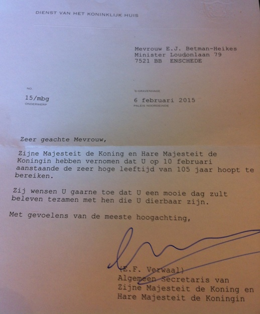 Brief van het Koninklijk Huis 105 jaar